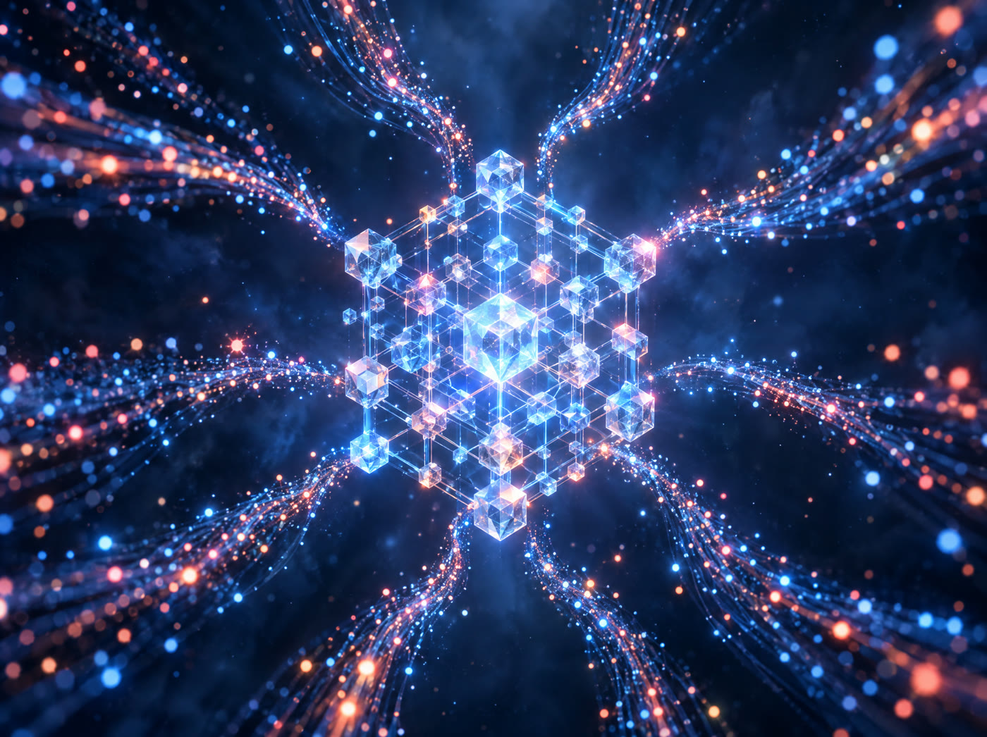 Streams of light gathering into a glowing structure