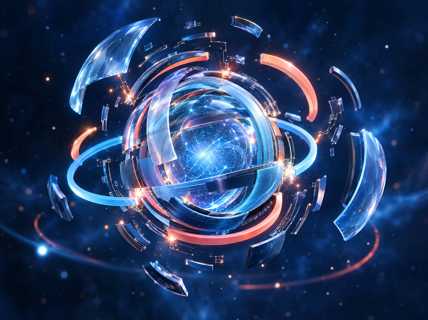 A glowing AI core being assembled from rings of light